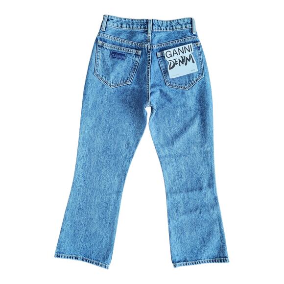 Ganni Betzy Mid Blue Stone High‎ Rise Slim Flare Crop Jean 26/32 NWT $195 - Picture 2 of 9